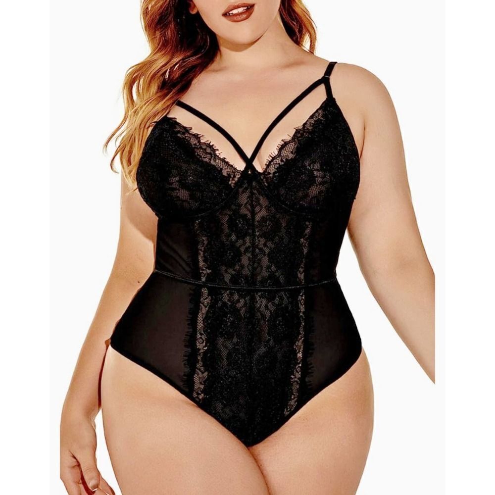 Plus size sheer stretch eyelash lace bodysuit sz 3XL